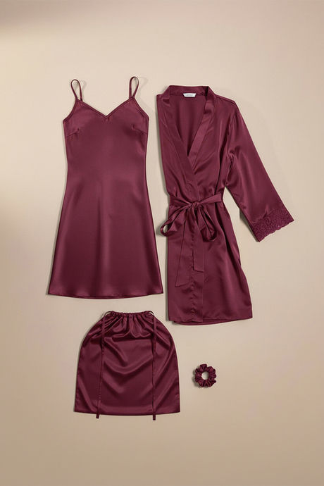 Zivame Luxe Satin 4 Pc Sleep Set - Tawny Port — image 2